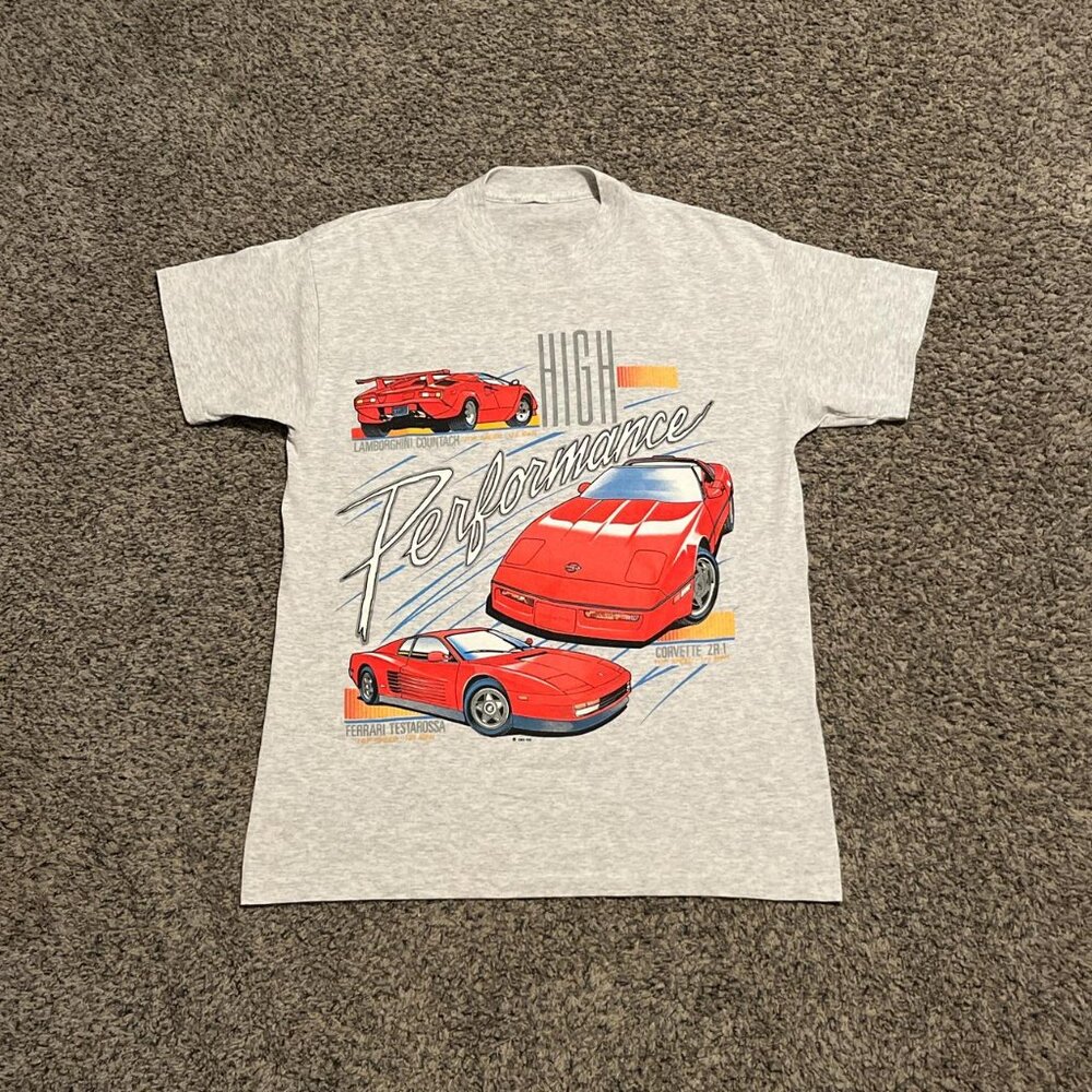 Vintage 1991 Lamborghini Corvette Ferrari Racing Grey Graphic Tee